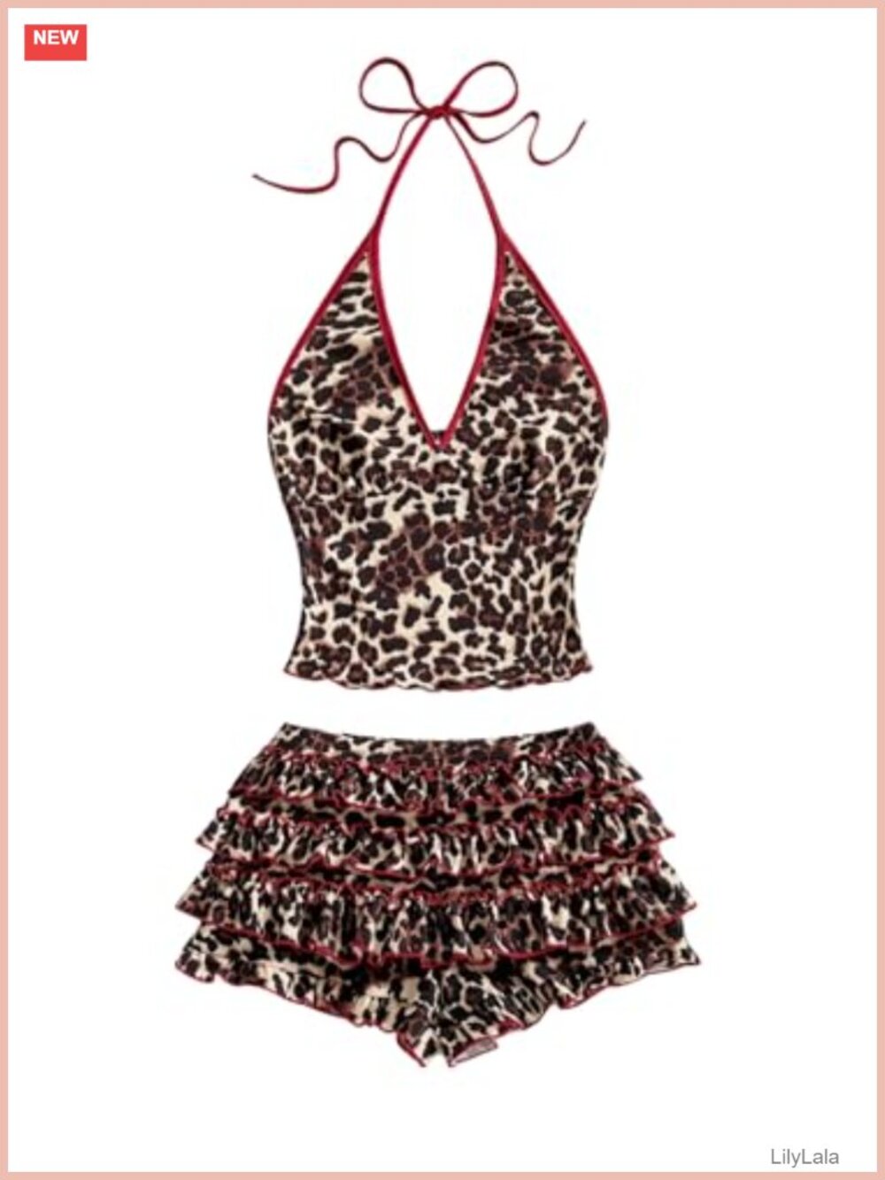 Leopard Print 2 Piece Halter Top and Mini Shorts Set Y2K Style